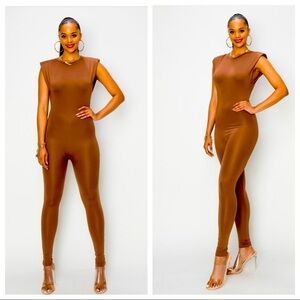 J. ELISE BOUTIQUE FITTED BODYCON COFFEE POWER SHOULDER SLEEVELESS SOLID JUMPSUIT
